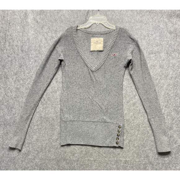 Hollister Sweater Womens Small Gray Rabbit Hair V Neck Long Sleeve Button Hem - Picture 1 of 12
